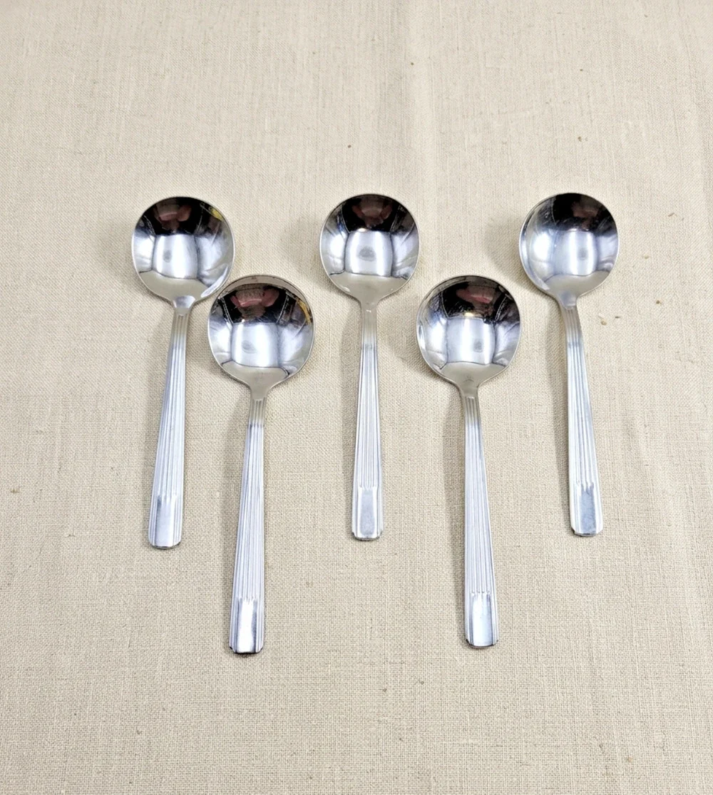 Cortland Estate Stainless Steel Round Bowl Soup Spoons Set of 5 Ribbed Handle